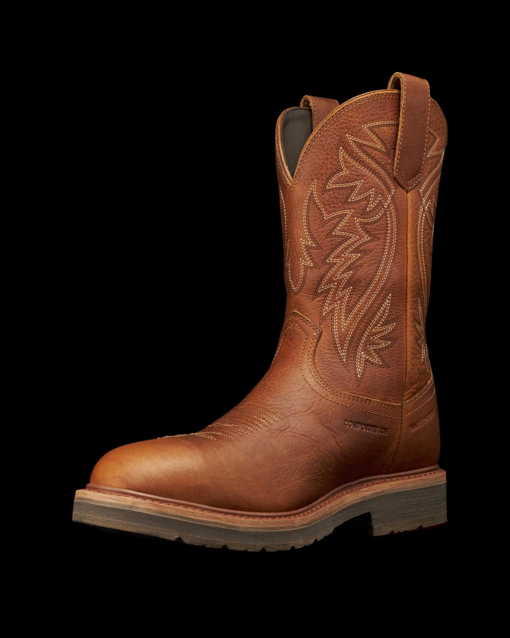 Quarterfront view of The LH WP Round Comp Toe Work Boot - Saddle Cowhide on plain background