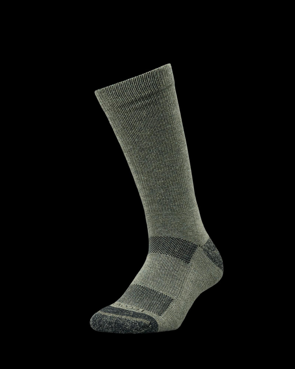 A single gray-green crew sock with darker heel, toe, and arch sections is displayed upright against a plain white background.