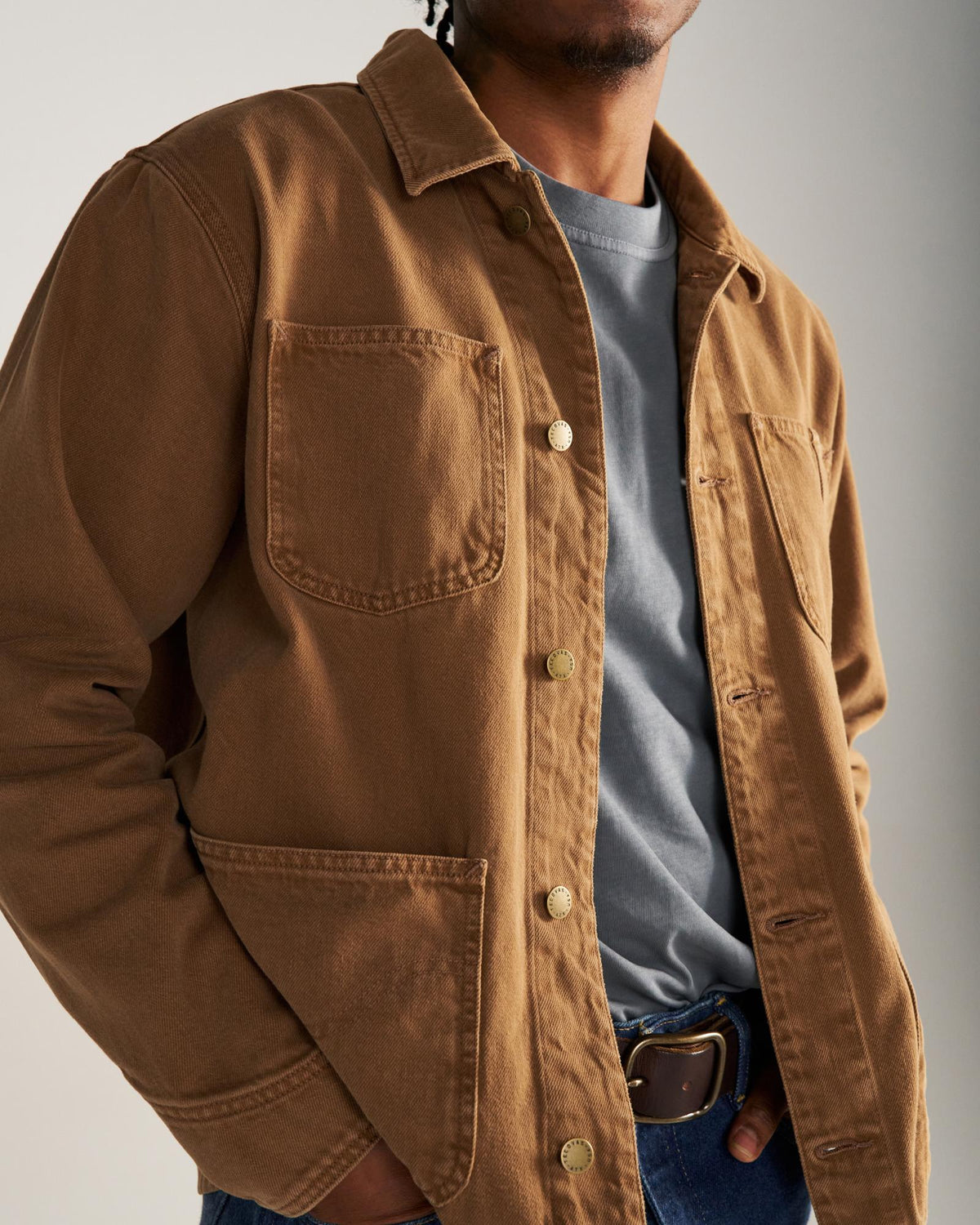 Closeup detail view of Men's Chore Jacket - Washed Tobacco