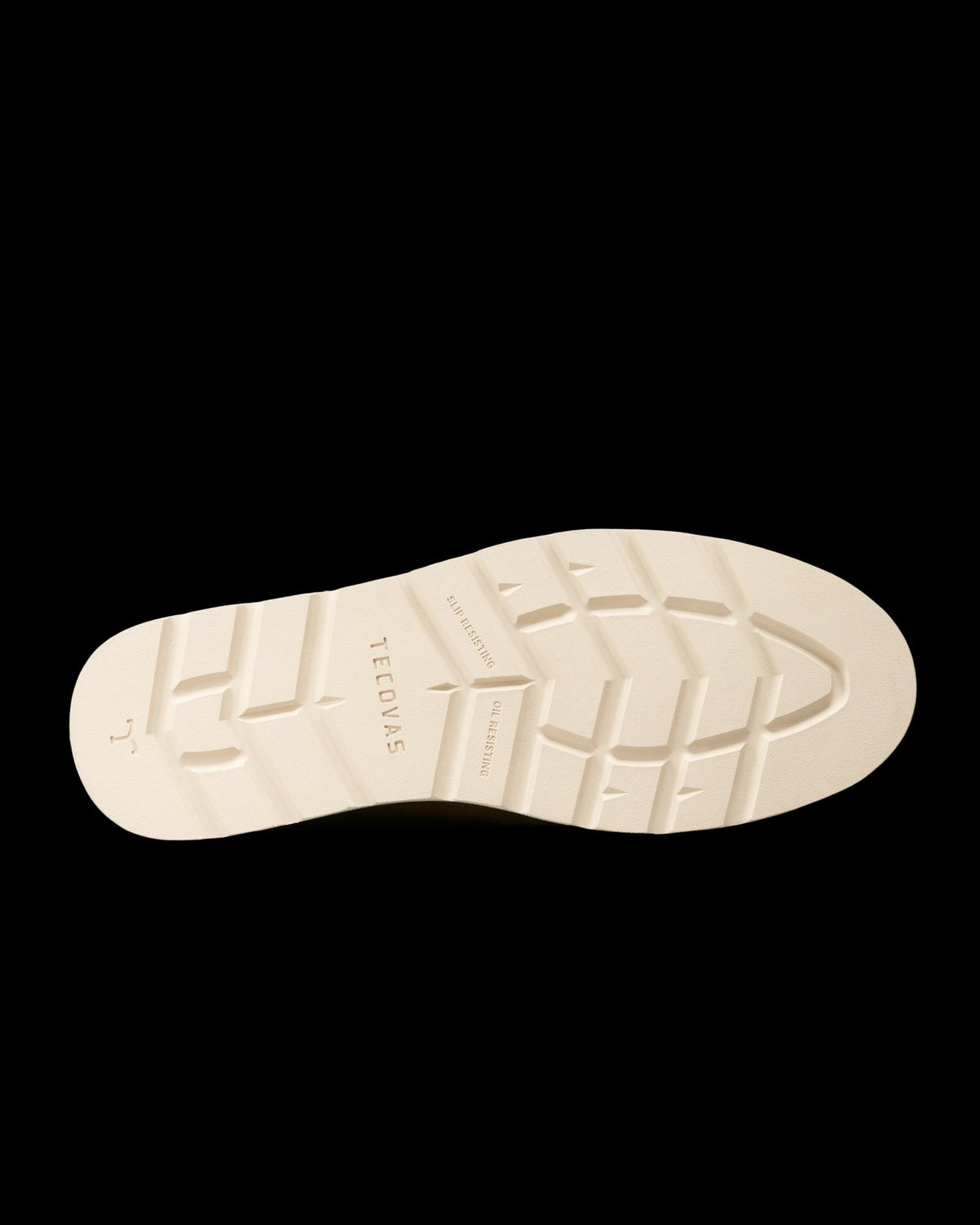 The Knox Lace Up Shearling in Sandstone Roughout. Cream-colored Sandstone Roughout boot sole with grooved tread pattern and embossed branding, viewed from the bottom against a white background.