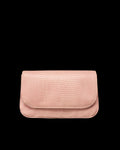 A blush pink textured clutch bag with a flap closure, displayed against a plain white background.