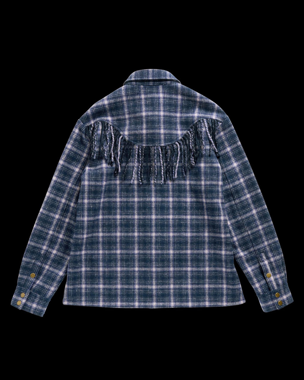 Closeup detail view of Women's Plaid Fringe Shacket - Navy / Mauve