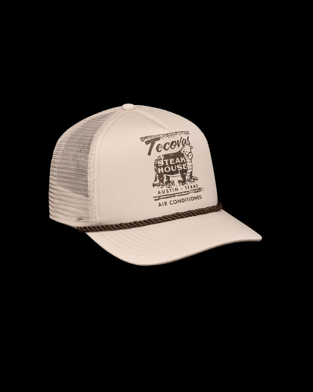 Quarterfront view of Tecovas Steakhouse Trucker - Cream on plain background