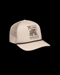 Quarterfront view of Tecovas Steakhouse Trucker - Cream on plain background