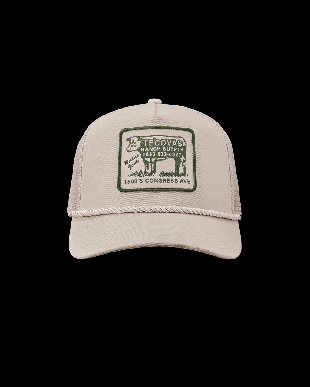 Front view of Soco Patch Five-Panel Trucker II - Cream on plain background