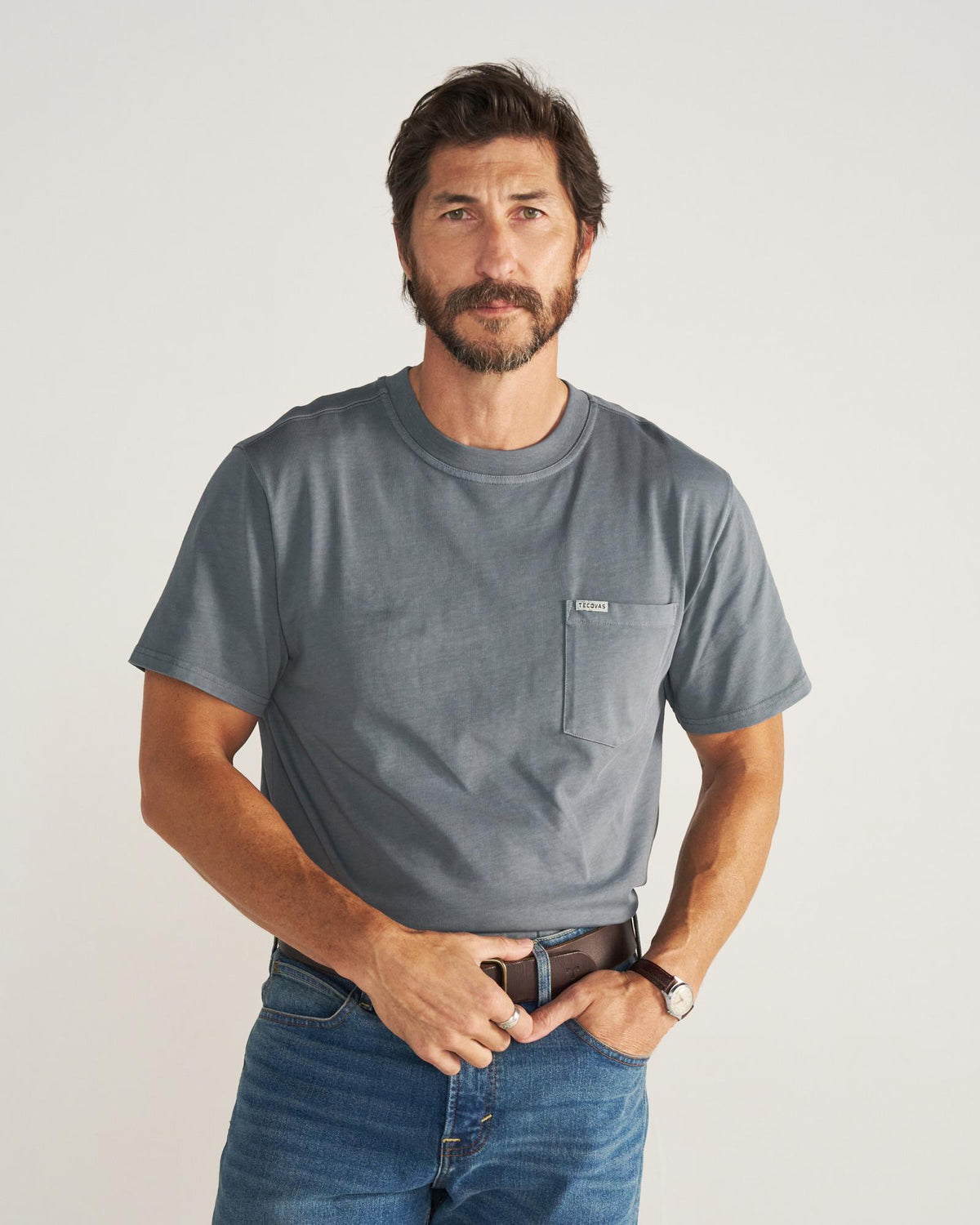 Closeup detail view of Men's Standard Issue Pocket Tee SS - Washed Storm