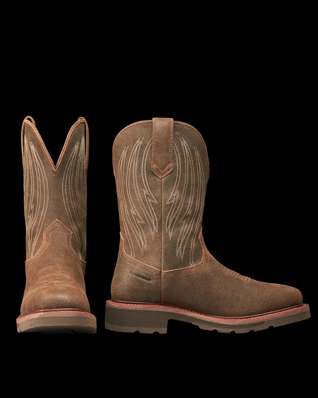 Pair view of LongHaul Waterproof Square Soft Toe Work Boot with Temp Control - Earthstone Cowhide on plain background