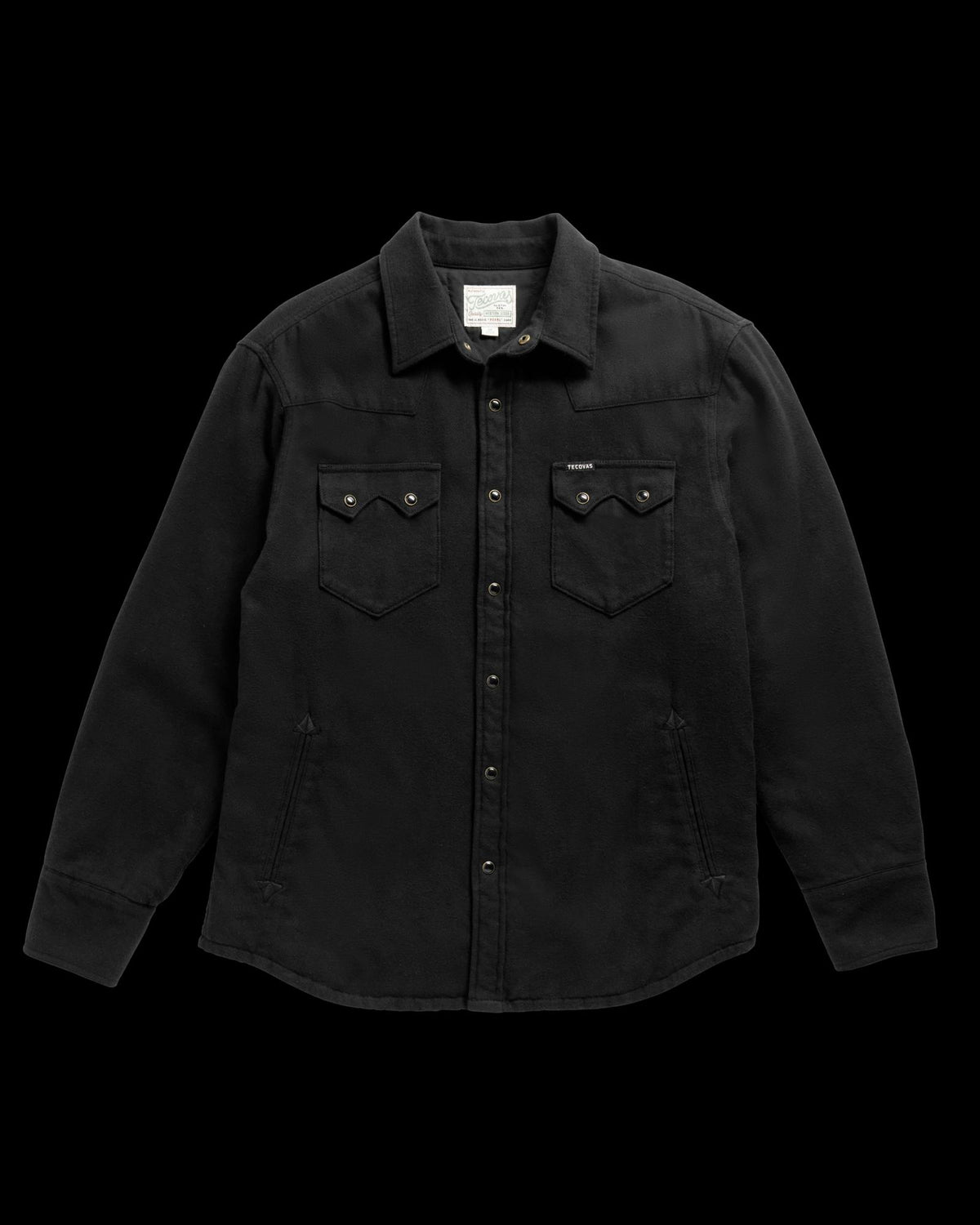 Closeup detail view of Men's Sawtooth Pearl Snap Shacket - Black