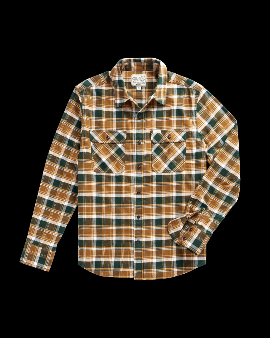 Long-sleeve plaid shirt with green, tan, and white pattern, button-down front, two chest pockets, and folded cuff, displayed on a white background.
