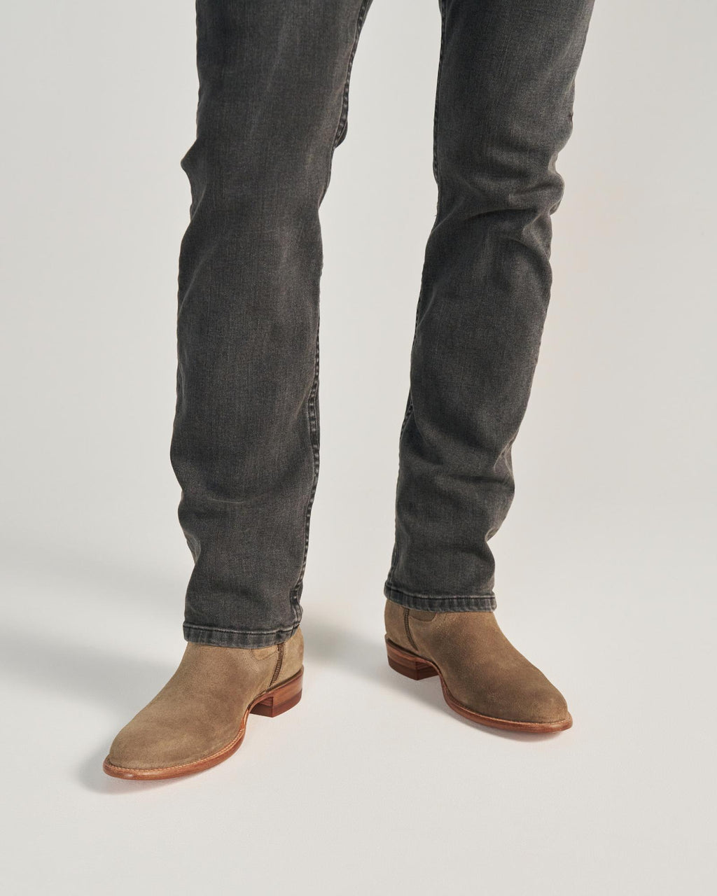close up of Dean Granite Grey Suede cowboy boots on a man's feet 
