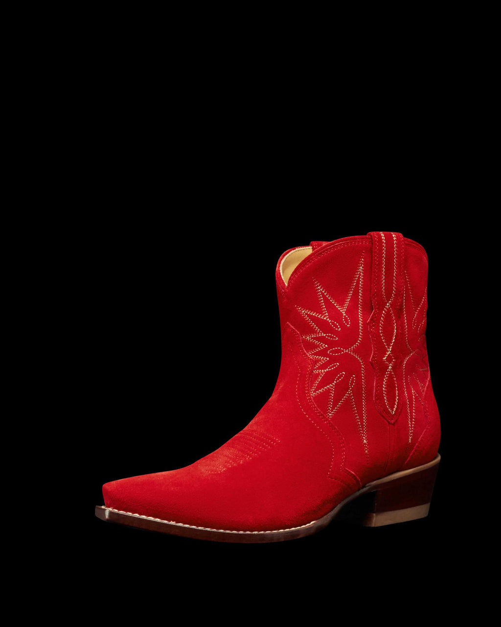 Quarterfront view of The Lynn - Barn Red Suede on plain background