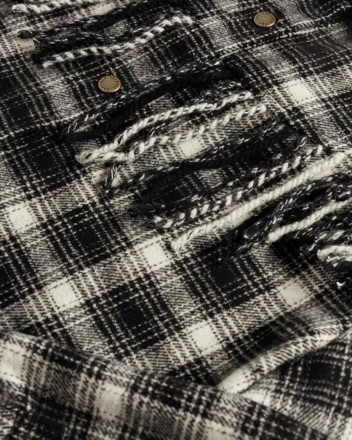 Closeup detail view of Women's Plaid Fringe Shacket - Black / White