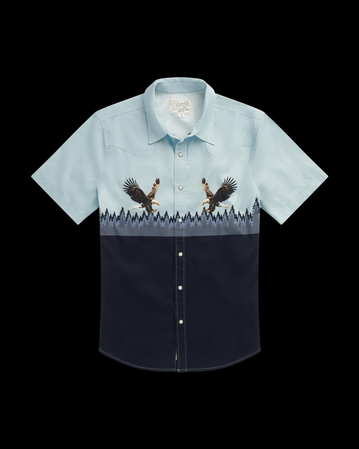 Closeup detail view of Men's Thorn Stopper Short Sleeve Pearl Snap - Aquamarine/Navy
