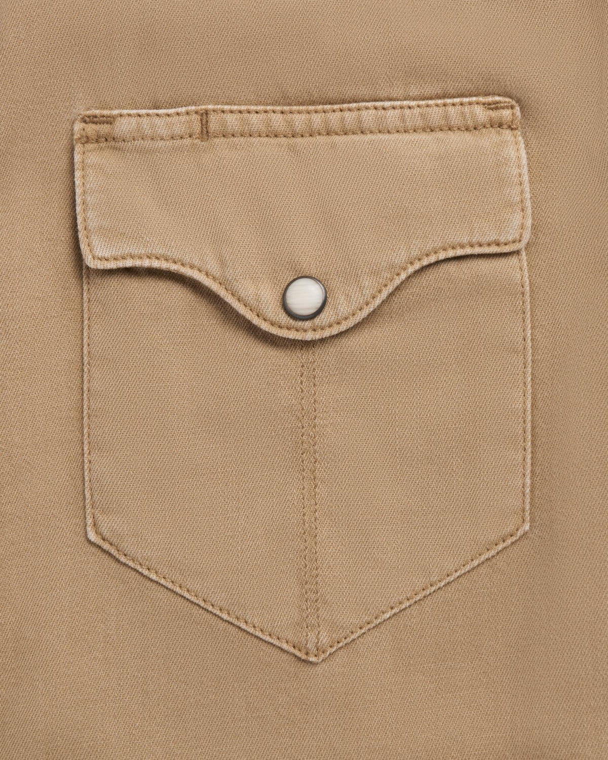 Closeup detail view of Men's Denim Short Sleeve Pearl Snap - Coriander