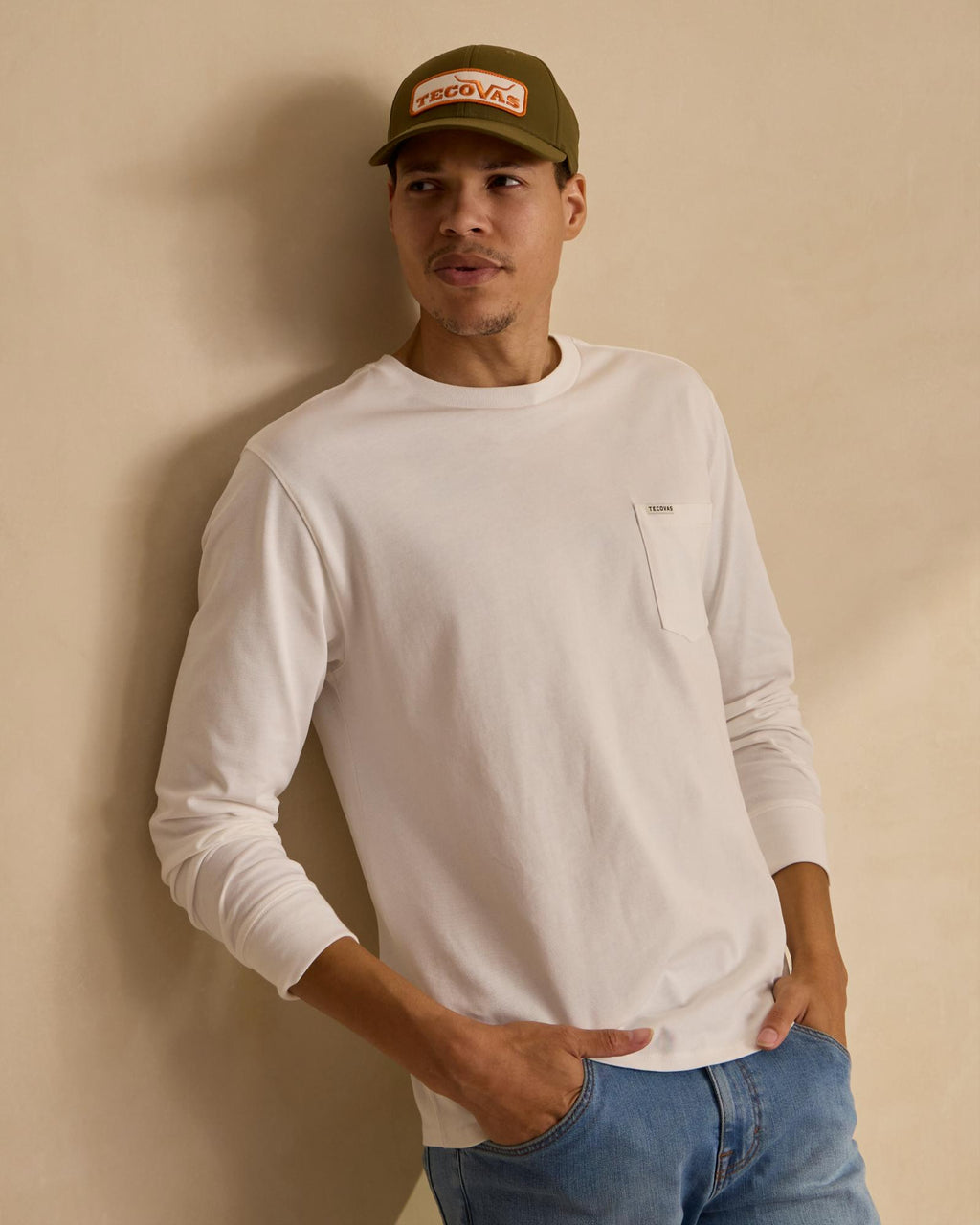 Closeup detail view of Long Sleeve Standard Issue Pocket Tee - Bone