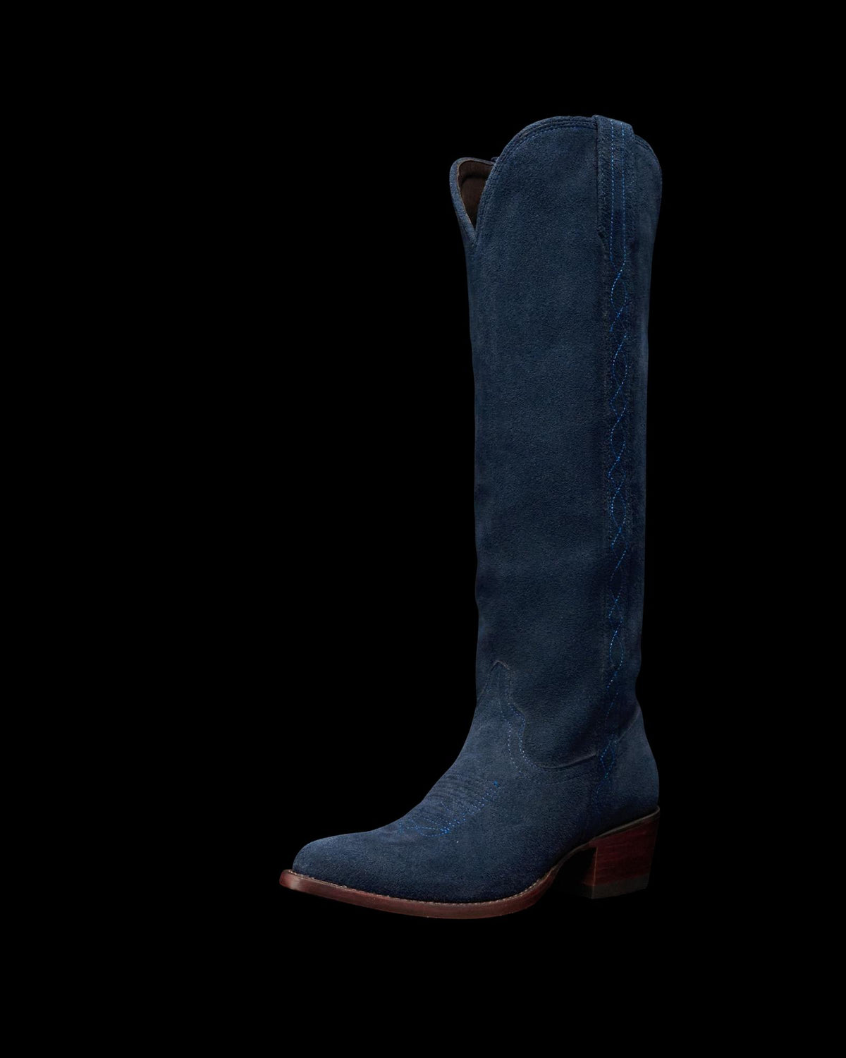 Quarterfront view of The Abby Cavalier - Eclipse Suede on plain background