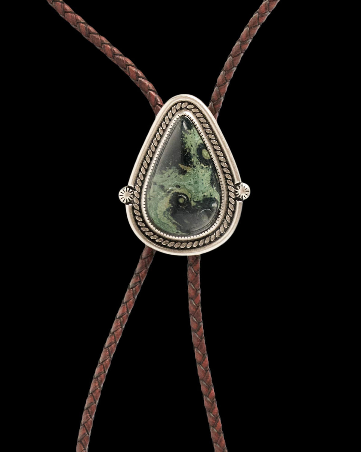 Closeup view of Iron Lamb Kyanite Drop Bolo - Sage/Navy