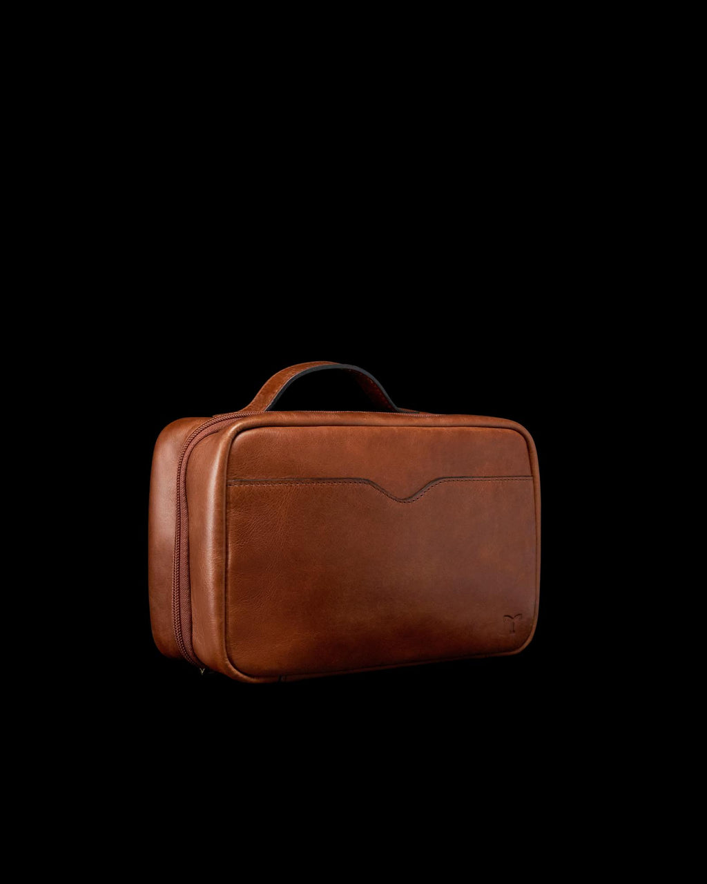 Quarterfront view of Bartlett Hanging Travel Kit - Cognac on plain background