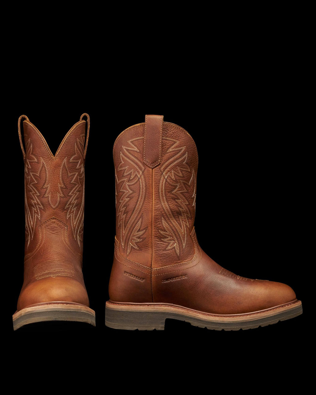 Pair view of The LH WP Round Comp Toe Work Boot - Saddle Cowhide on plain background