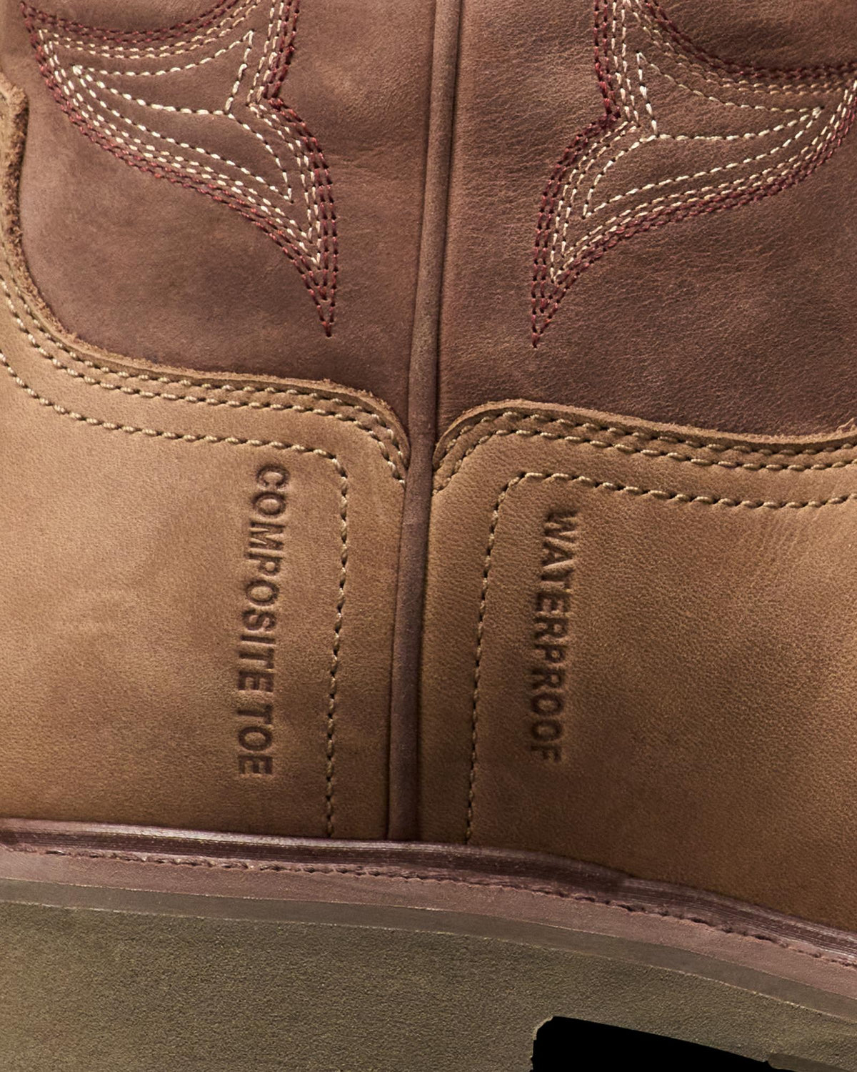Toe view of The LH WP Round Comp Toe Work Boot - Tan / Cafe Cowhide on plain background