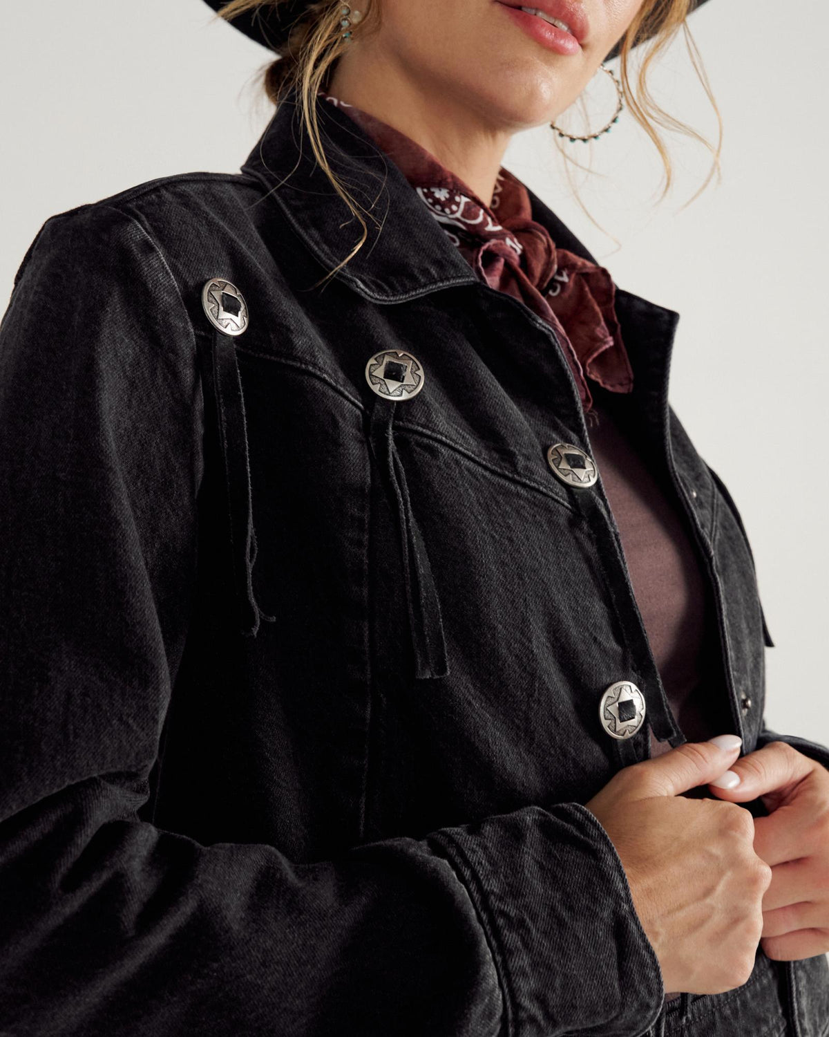 Closeup view of Women's Rodeo Concho Denim Jacket - Black