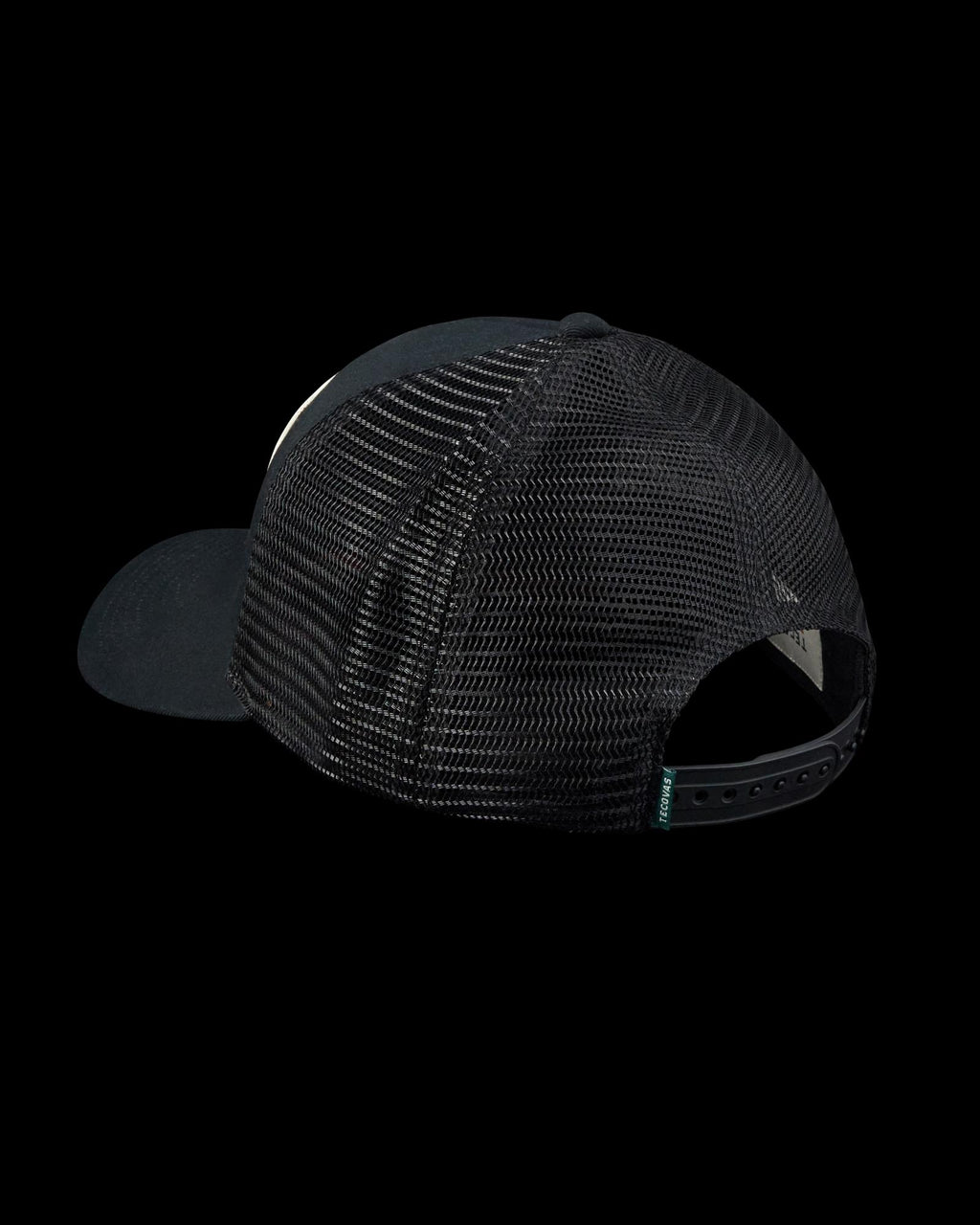Black mesh trucker hat shown from the back, featuring an adjustable snapback closure and a breathable, see-through mesh panel.