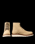 The Knox Lace Up Shearling in Sandstone Roughout. A pair of tan Sandstone Roughout suede lace-up boots with white rubber soles, shown side by side on a plain white background.