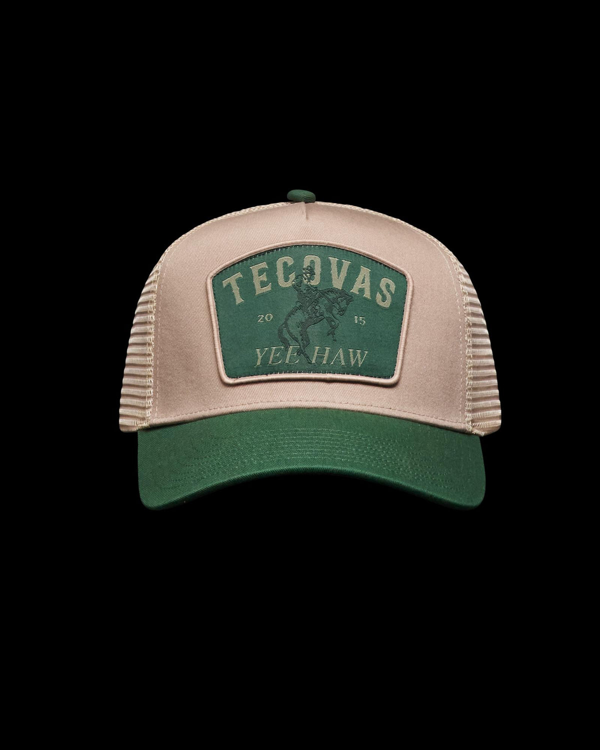 Front view of Yee Haw 5 Panel High Pro Trucker - Green / Khaki on plain background