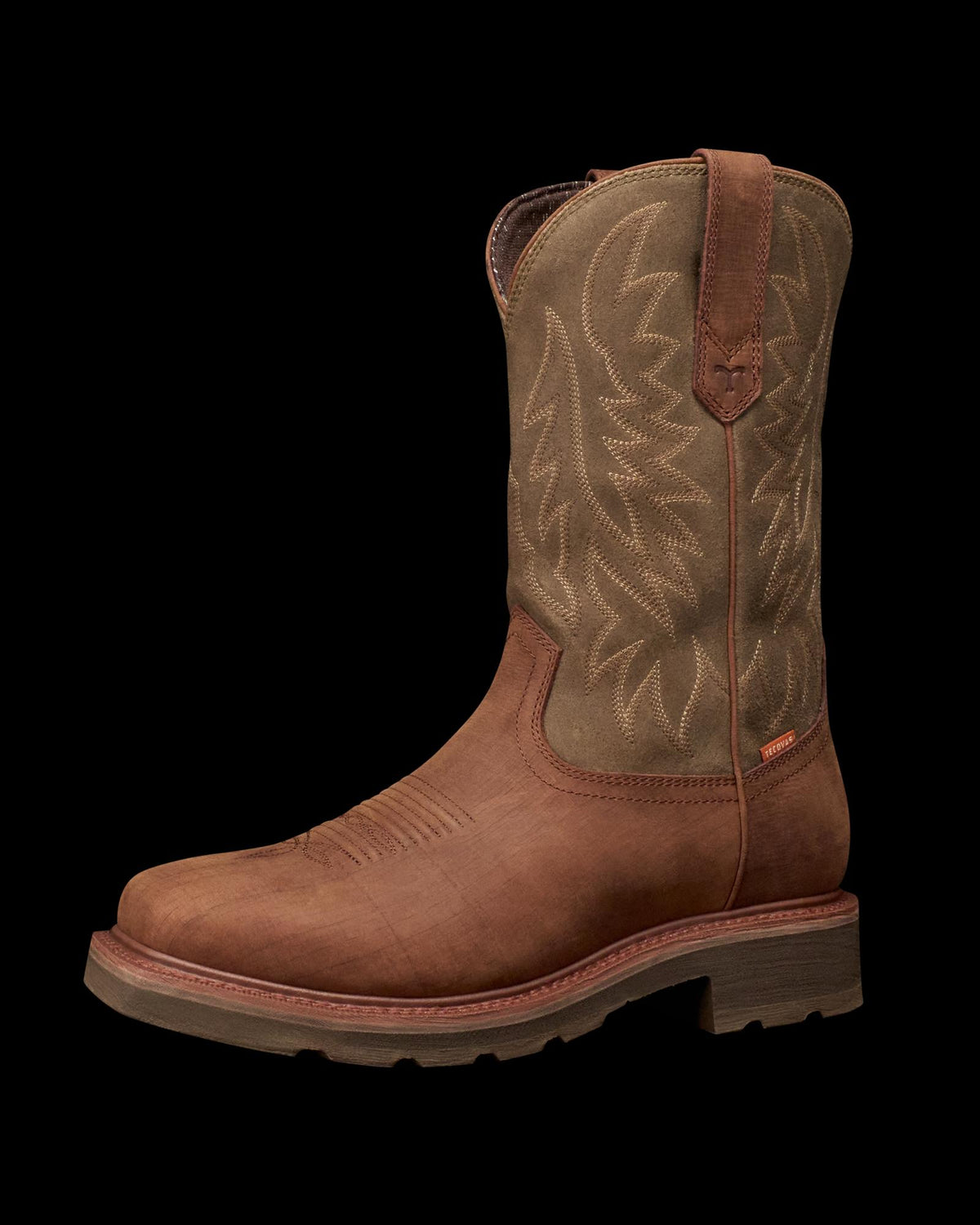 Quarterfront view of LongHaul Waterproof Square Soft Toe Work Boot - Rust Cowhide on plain background