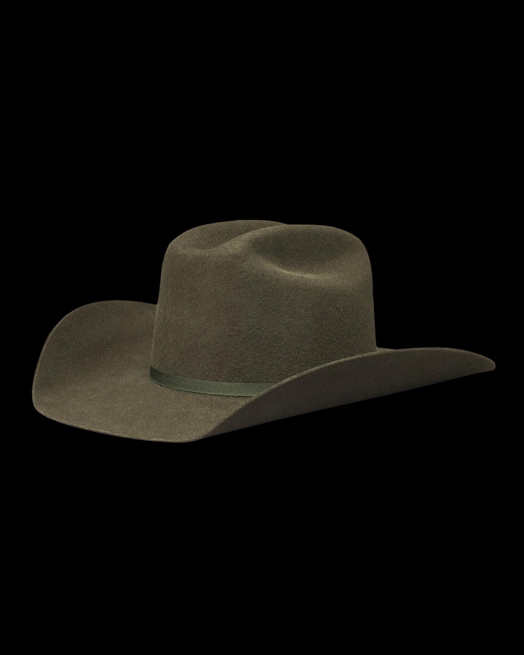 Quarterfront view of Cattleman Wool Cowboy Hat - Dark Olive on plain background