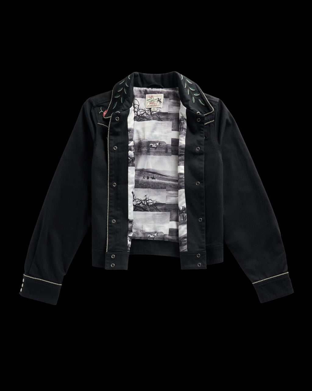 Front view of Women's Embroidered Dolly Jacket - Black on plain background