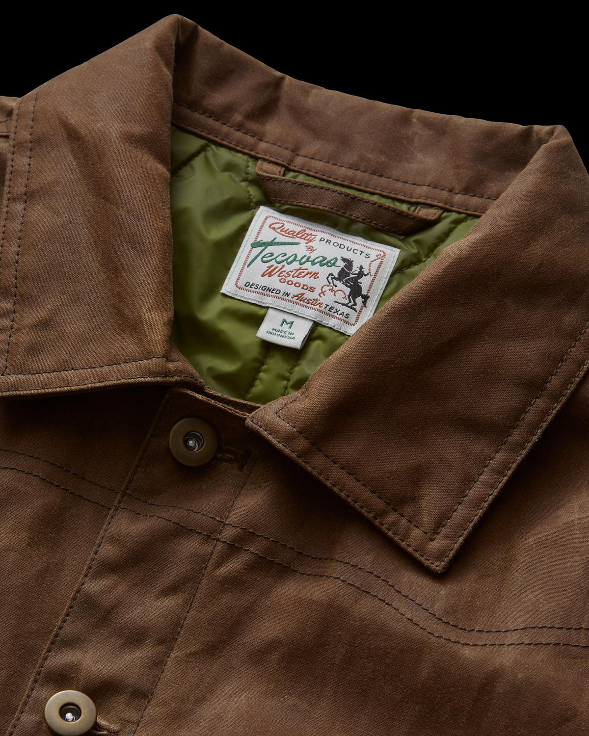 Closeup detail view of Buckaroo Waxed Canvas Trucker Jacket - Tobacco