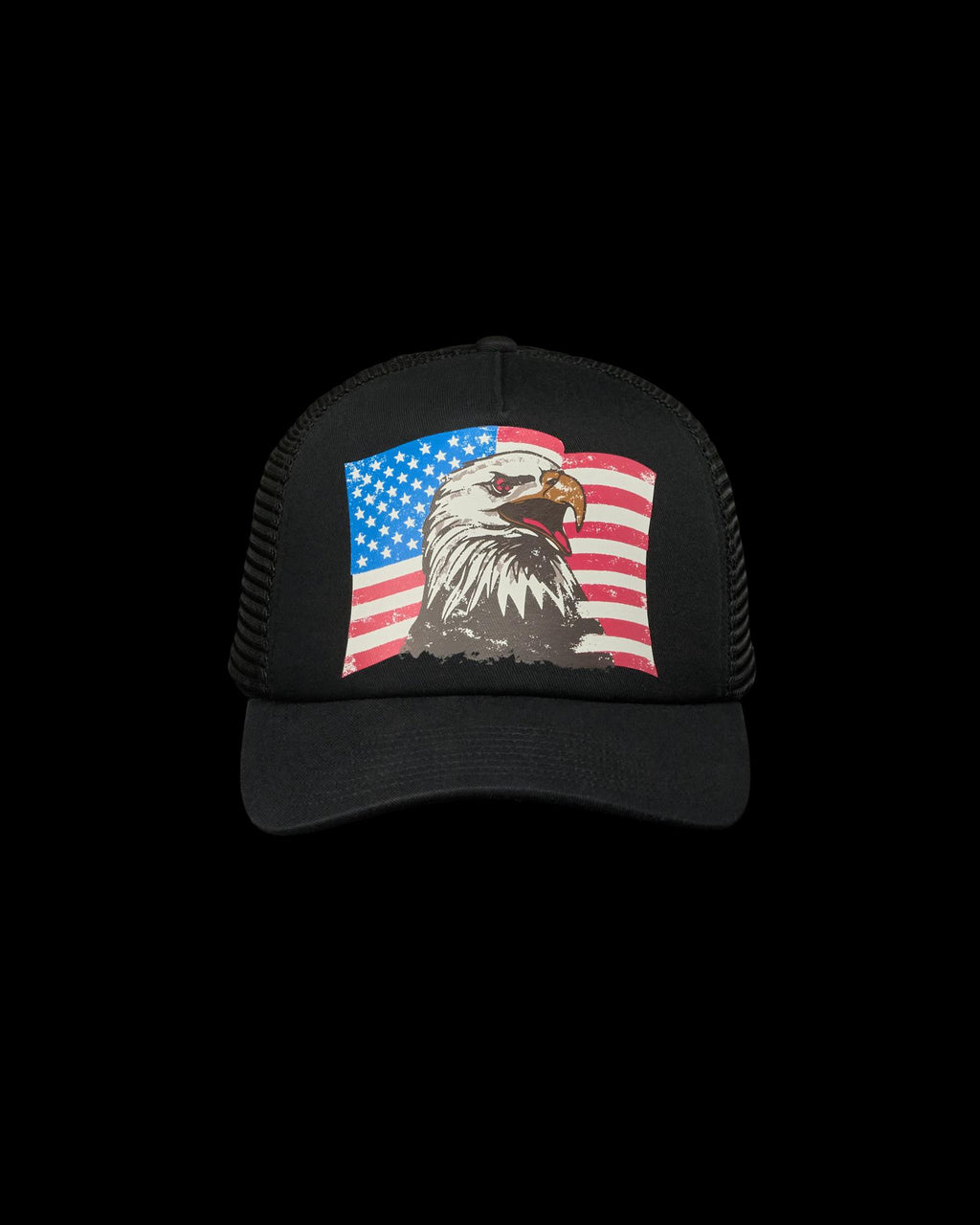 Front view of Eagle and Flag Trucker - Black on plain background