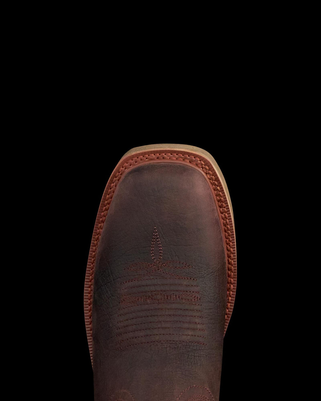 Toe view of LongHaul Waterproof Square Soft Toe Work Boot with Temp Control - Dark Chocolate/Clay Cowhide on plain background