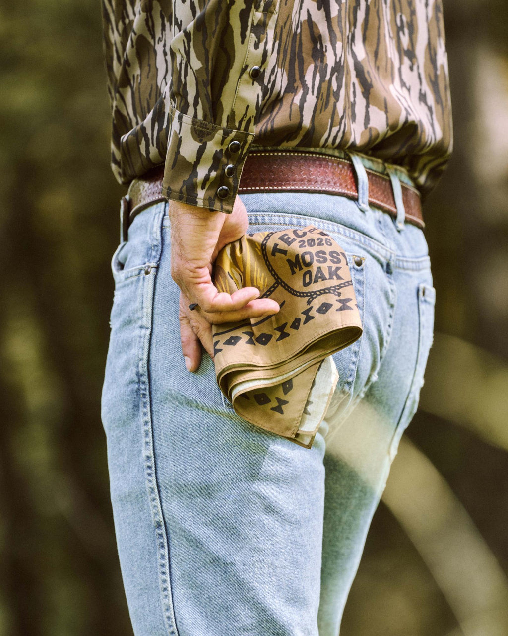 View of Tecovas x Mossy Oak Bandana - Olivewood