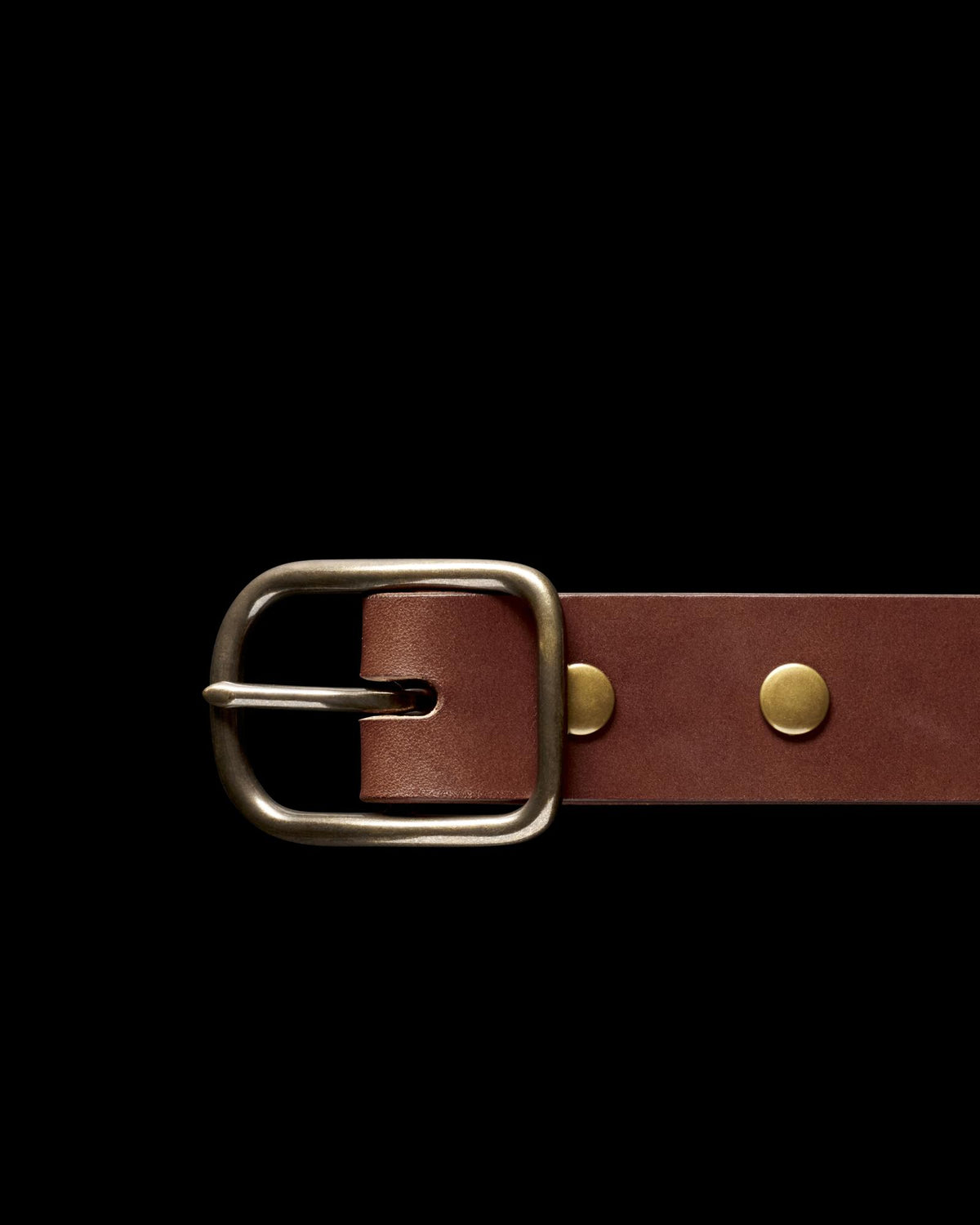 Close-up of a brown leather belt with a silver buckle and brass rivets against a black background.