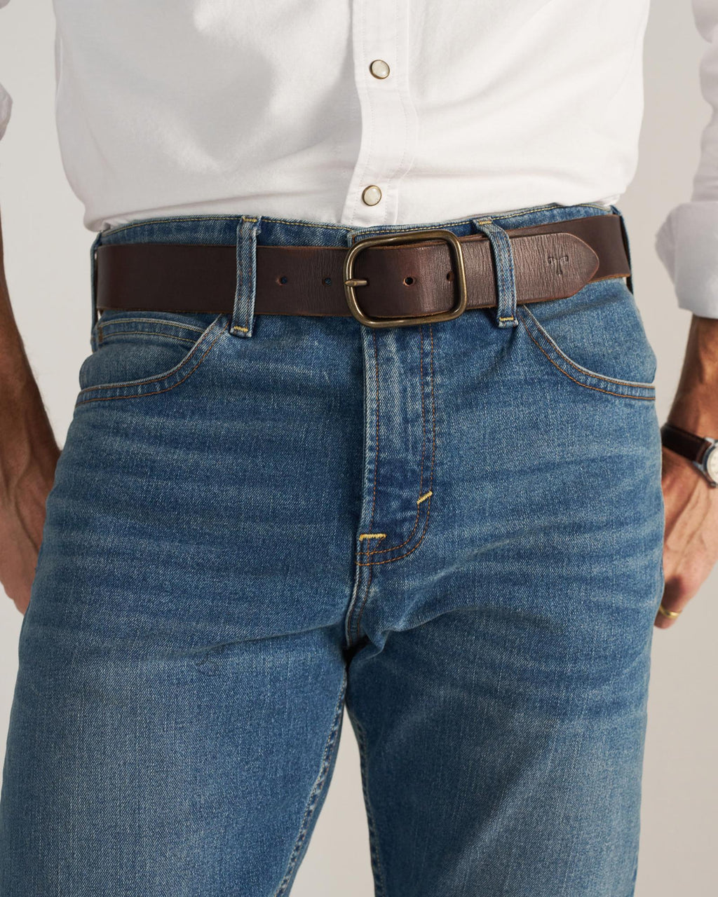 Closeup detail view of Men's Slim Straight Stretch Denim - Medium Indigo