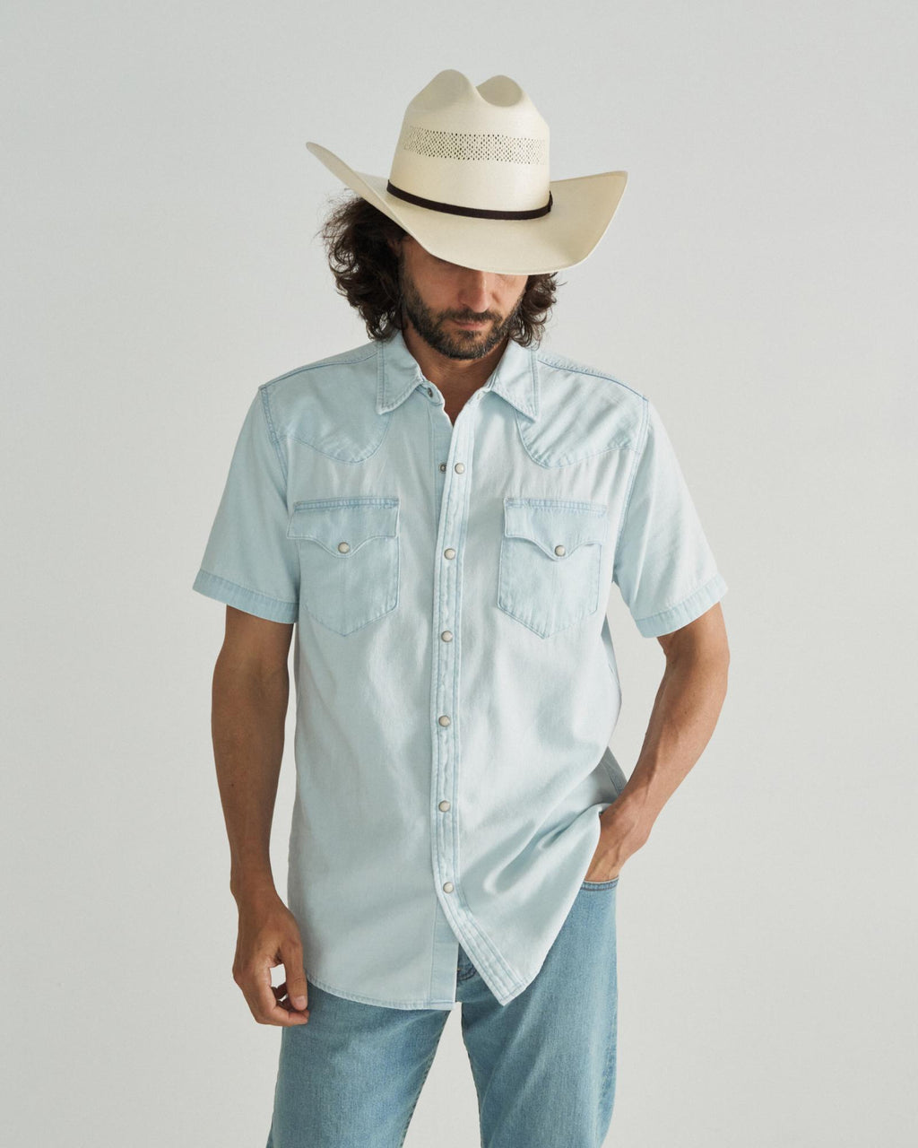 Closeup detail view of Men's Denim Short Sleeve Pearl Snap - Ultra Light