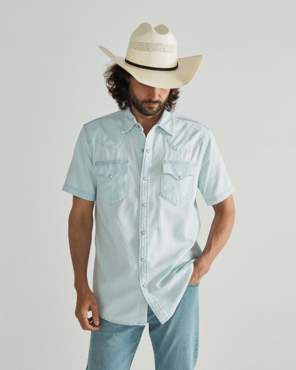Closeup detail view of Men's Denim Short Sleeve Pearl Snap - Ultra Light