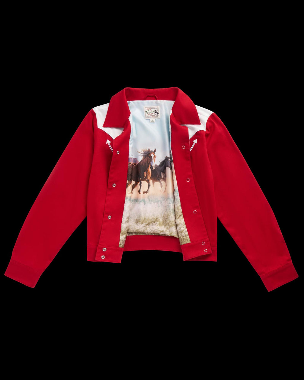 A red jacket with white shoulder accents and an open front, revealing a printed lining featuring running horses in a grassy landscape.