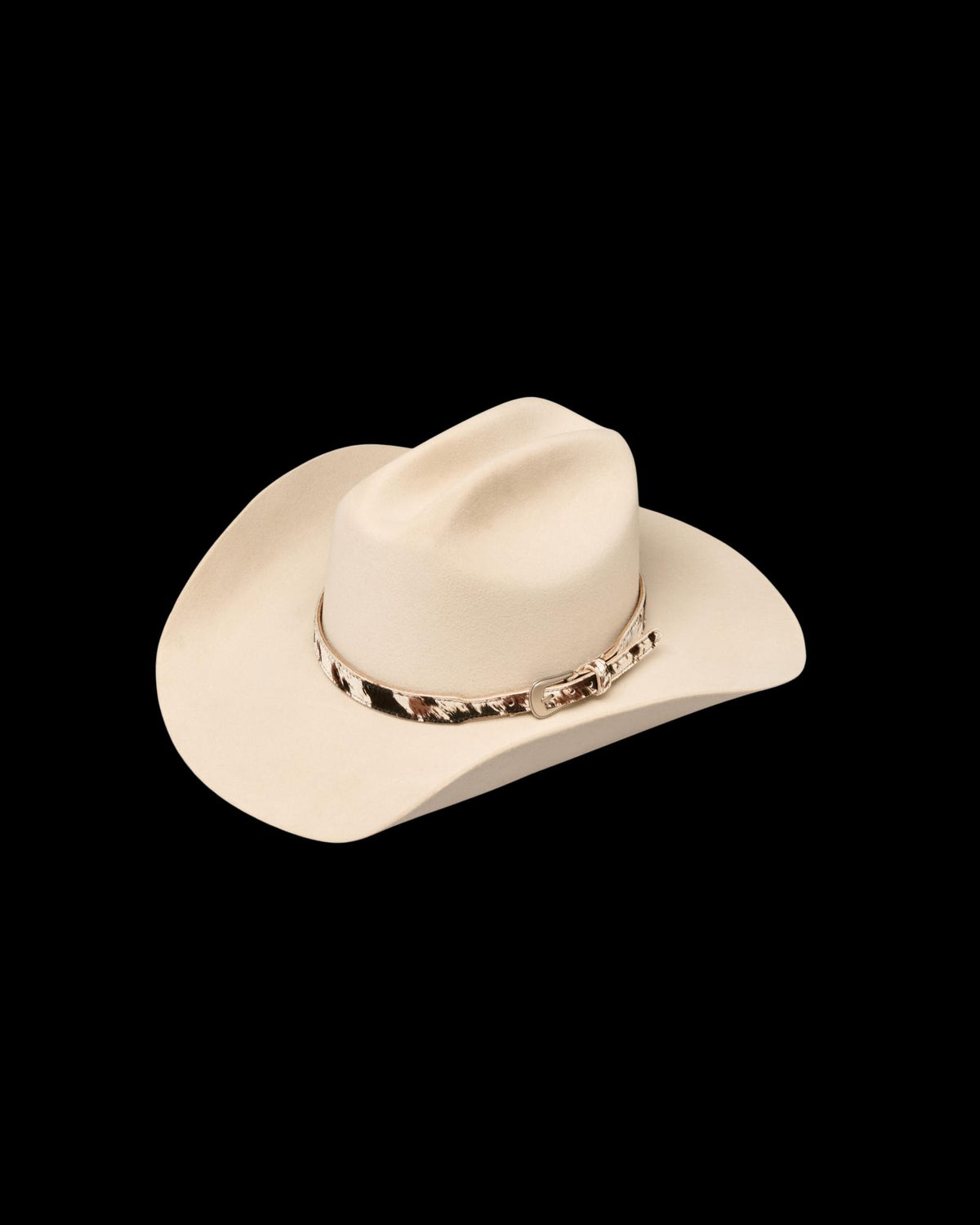 Quarterfront view of Hair on Hide Buckle Hat Band - Brown Multi on plain background