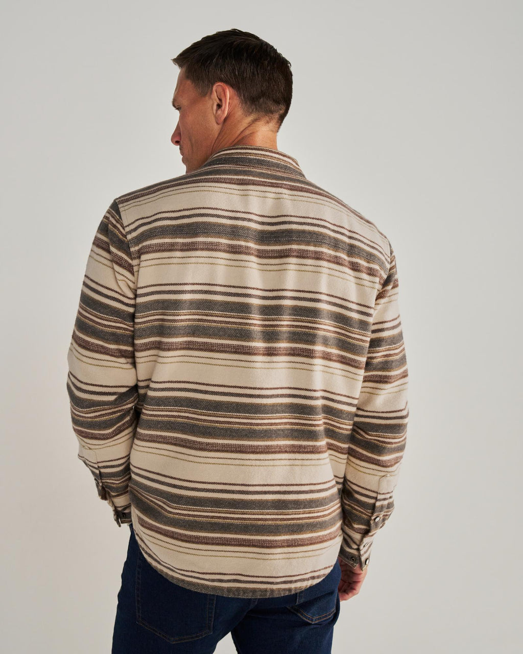 Back view of Men's Blanket CPO Shacket - Khaki / Multi on model