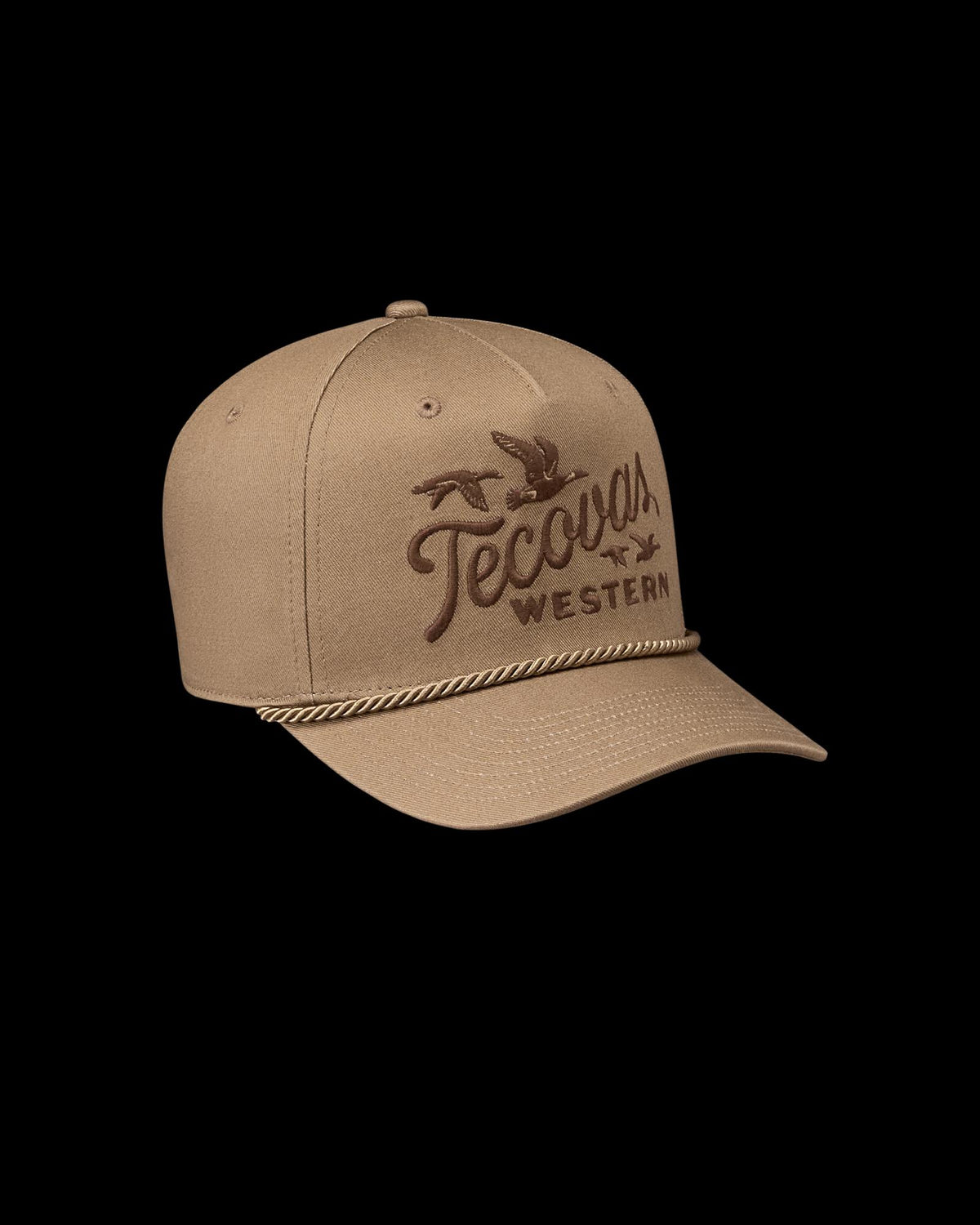 Quarterfront view of Tecovas Western Hat - Moss Brown on plain background