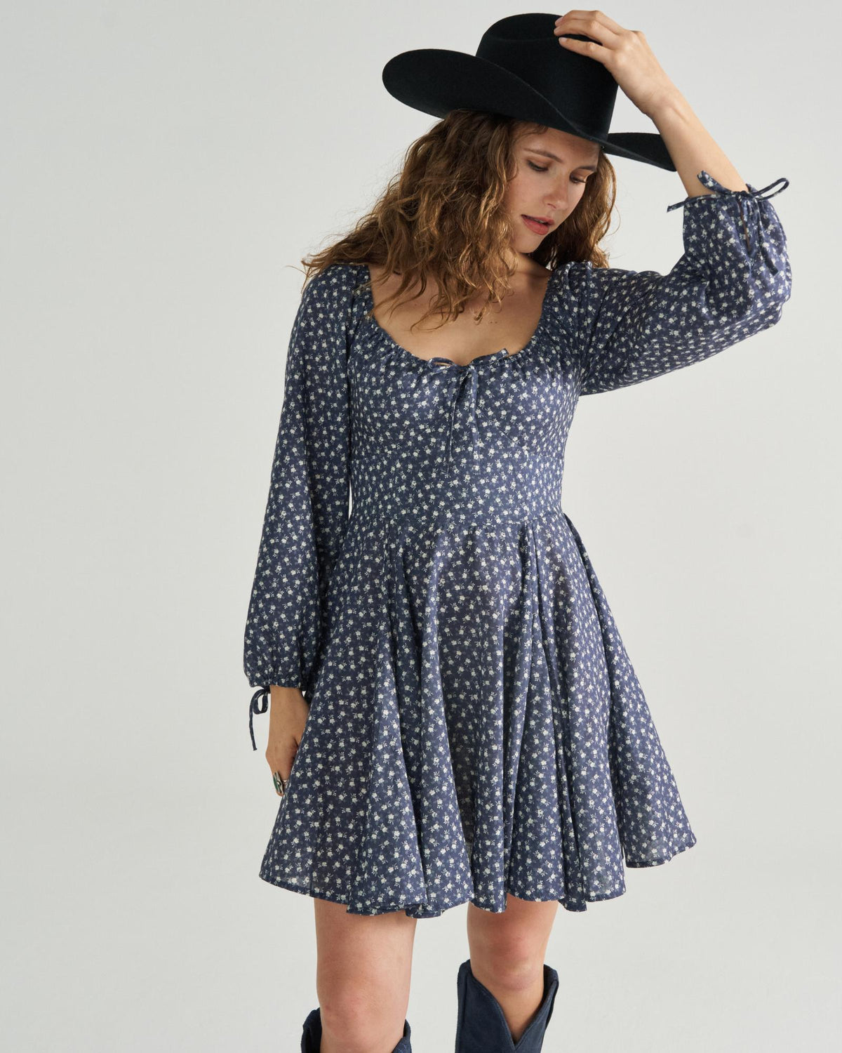 Front view of Women's L/S Mini Dress - Navy / Bone on model