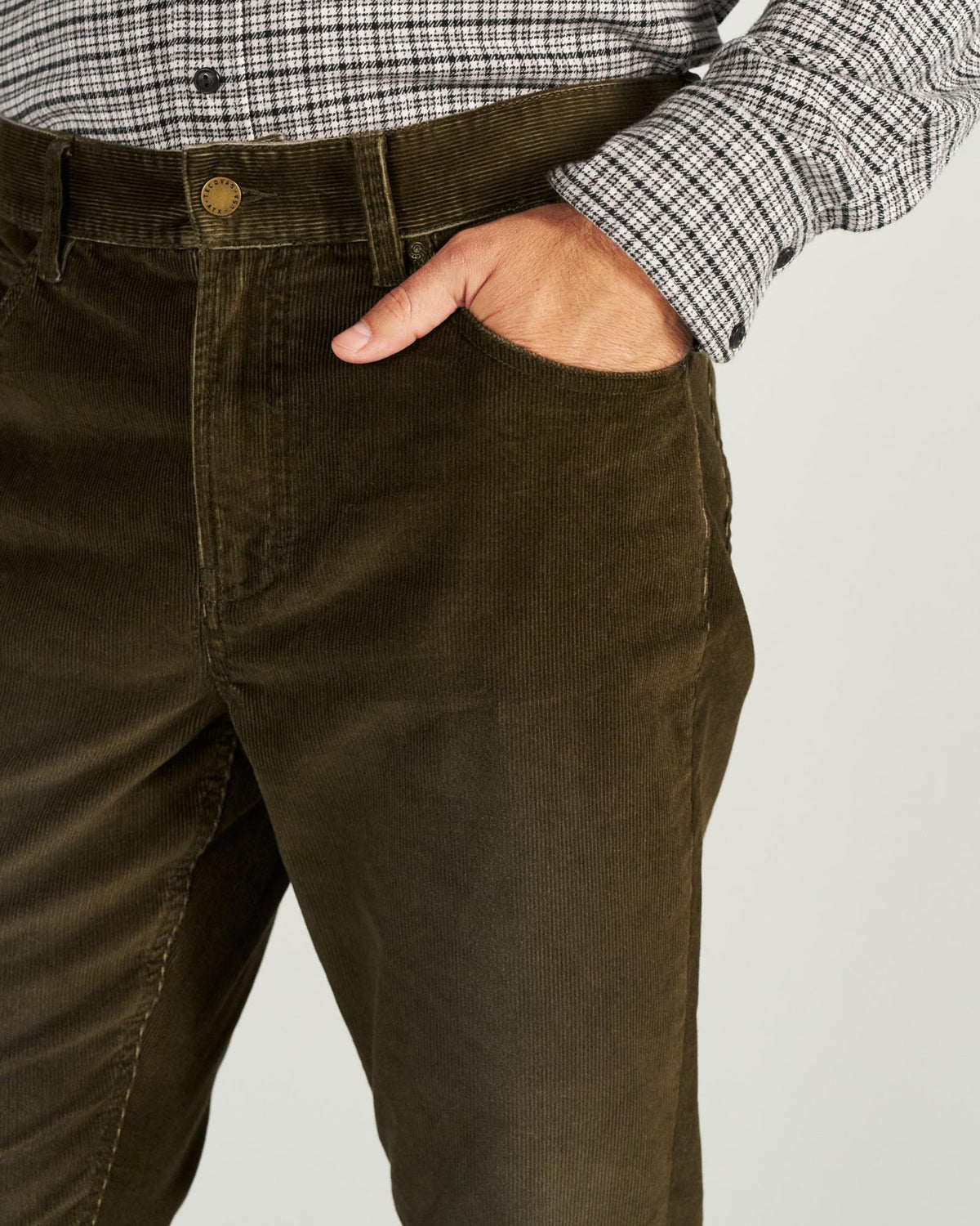 Closeup detail view of Men's Slim Straight Stretch Corduroy - Dark Olive