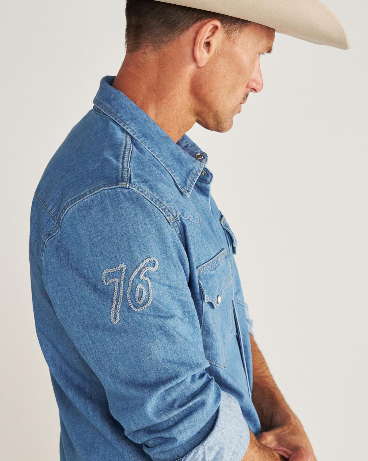 Closeup detail view of Men's Denim Pearl Snap LS - Turquoise / Multi