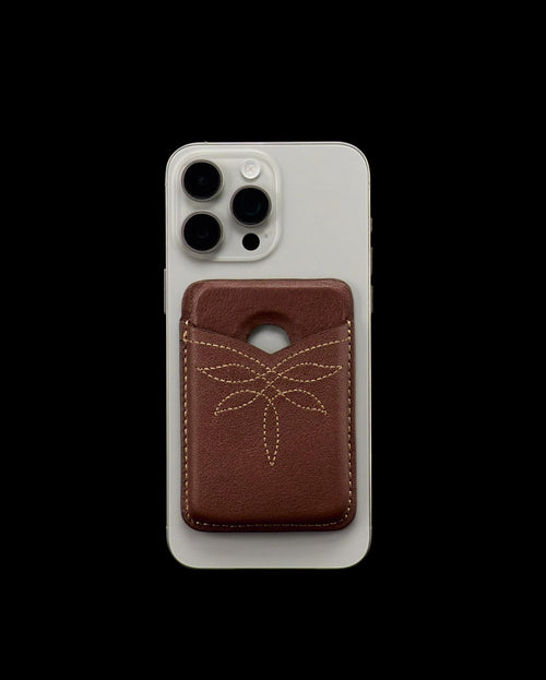 Closeup view of Cowhide MagSafe Card Holder - Brown