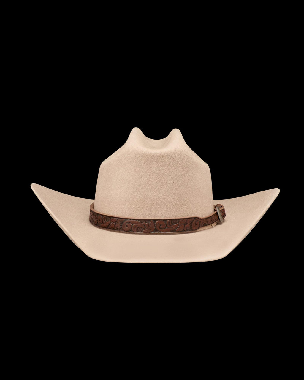 A beige cowboy hat with a wide, upturned brim and a brown tooled leather band, displayed on a plain white background.