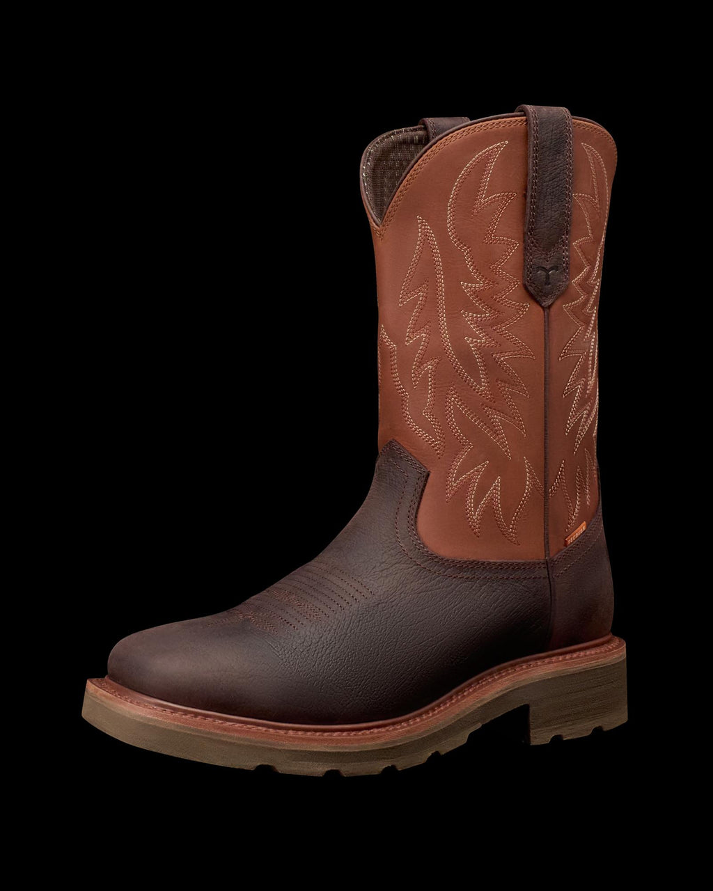 Quarterfront view of LongHaul Waterproof Square Soft Toe Work Boot with Temp Control - Dark Chocolate/Clay Cowhide on plain background