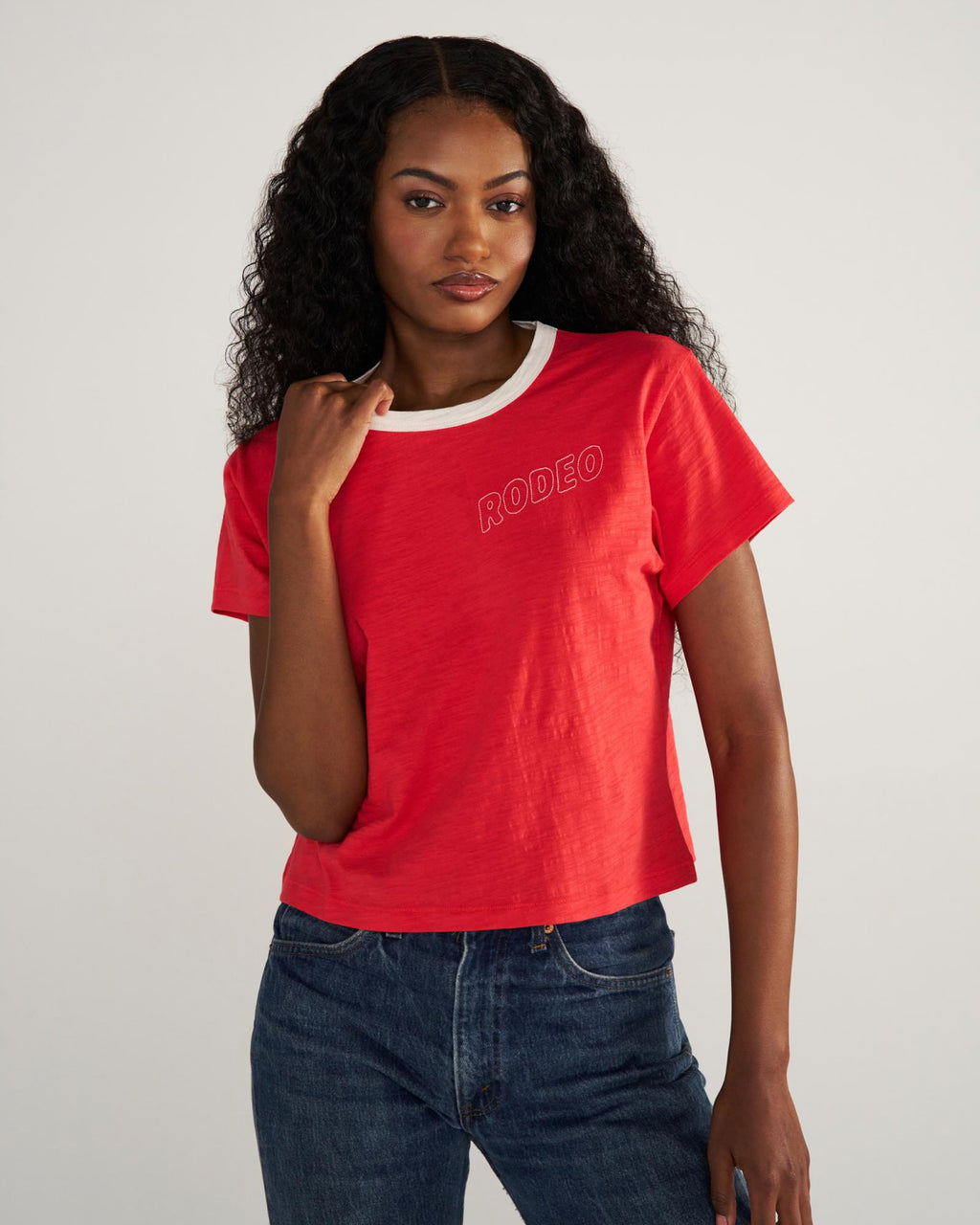 Front view of Women's Vintage Ringer Tee - Poinsettia/Bone on model